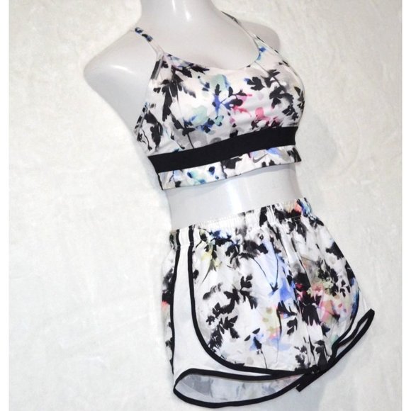 Women's White Indy Floral Long Line Bra sz L & size S‎ track/running shorts - Picture 1 of 10